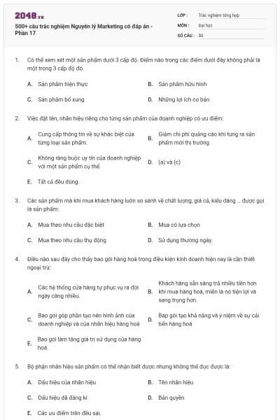 500+ câu trắc nghiệm Nguyên lý Marketing có đáp án - Phần 17