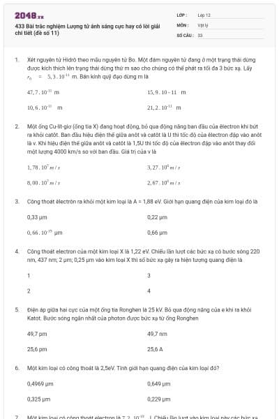 433 Bài trắc nghiệm Lượng tử ánh sáng cực hay có lời giải chi tiết (đề số 11)