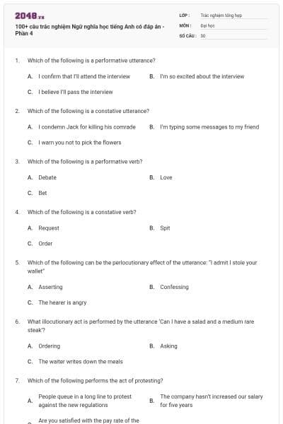 100+ câu trắc nghiệm Ngữ nghĩa học tiếng Anh có đáp án - Phần 4