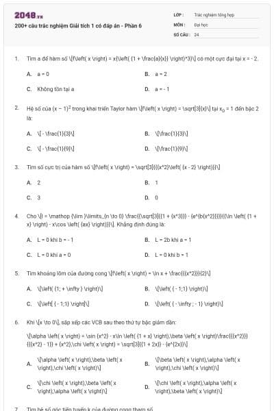 200+ câu trắc nghiệm Giải tích 1 có đáp án - Phần 6