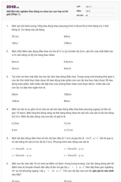 460 Bài trắc nghiệm Dao động cơ chọn lọc cực hay có lời giải (Phần 1)