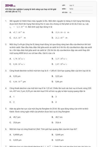 433 Bài trắc nghiệm Lượng tử ánh sáng cực hay có lời giải chi tiết (đề số 11)
