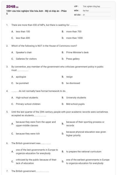 100+ câu trắc nghiệm Văn hóa Anh - Mỹ có đáp án - Phần 5