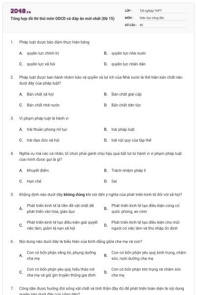 Tổng hợp đề thi thử môn GDCD có đáp án mới nhất (Đề 15)