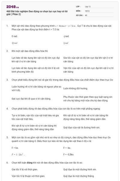 460 Bài trắc nghiệm Dao động cơ chọn lọc cực hay có lời giải ( Phần 2)
