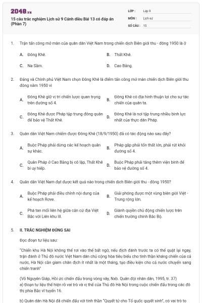15 câu trắc nghiệm Lịch sử 9 Cánh diều Bài 13 có đáp án (Phần 7)
