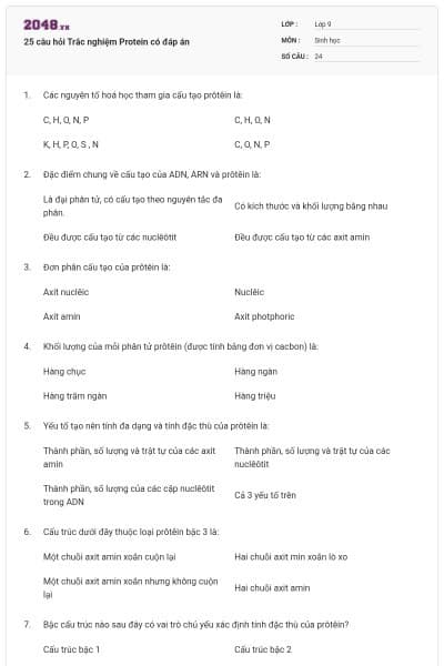 25 câu hỏi Trắc nghiệm Protein có đáp án