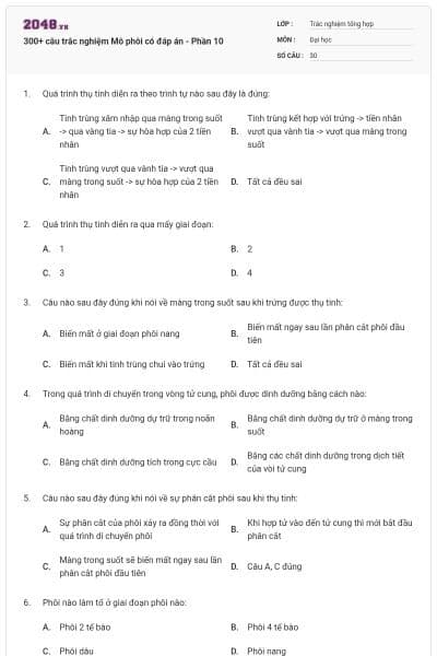 300+ câu trắc nghiệm Mô phôi có đáp án - Phần 10