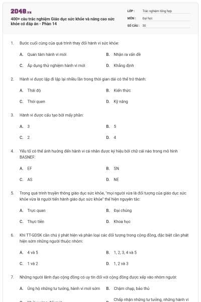 400+ câu trắc nghiệm Giáo dục sức khỏe và nâng cao sức khỏe có đáp án - Phần 14