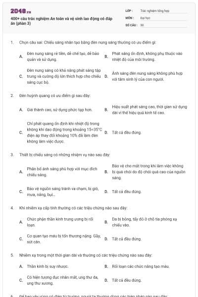400+ câu trắc nghiệm An toàn và vệ sinh lao động có đáp án (phần 3)