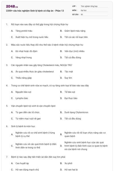 2200+ câu trắc nghiệm Sinh lý bệnh có đáp án - Phần 13