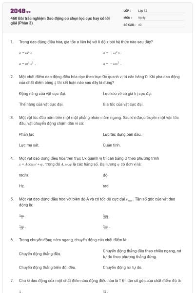 460 Bài trắc nghiệm Dao động cơ chọn lọc cực hay có lời giải (Phần 3)