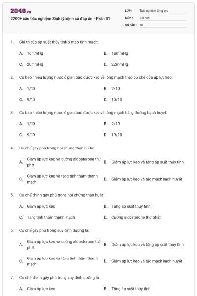 2200+ câu trắc nghiệm Sinh lý bệnh có đáp án - Phần 31
