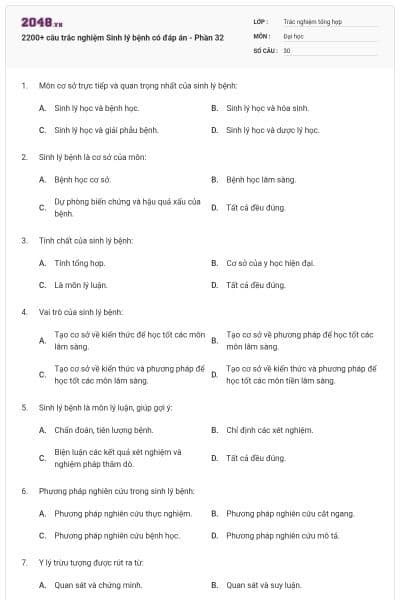 2200+ câu trắc nghiệm Sinh lý bệnh có đáp án - Phần 32