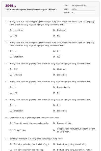 2200+ câu trắc nghiệm Sinh lý bệnh có đáp án - Phần 43
