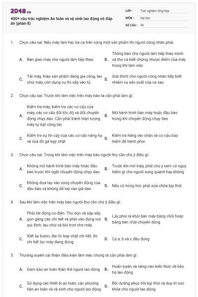 400+ câu trắc nghiệm An toàn và vệ sinh lao động có đáp án (phần 8)