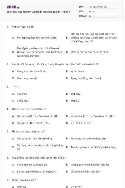 200+ câu trắc nghiệm Cơ học kĩ thuật có đáp án - Phần 1