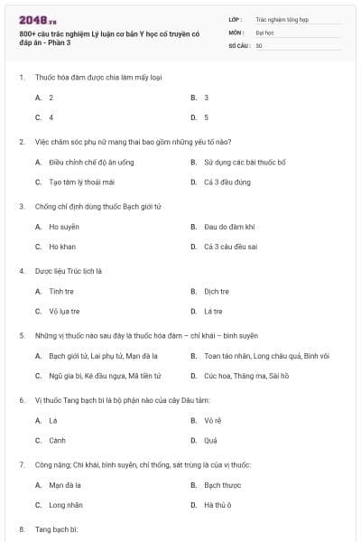 800+ câu trắc nghiệm Lý luận cơ bản Y học cổ truyền có đáp án - Phần 3