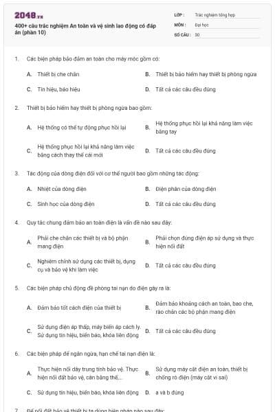 400+ câu trắc nghiệm An toàn và vệ sinh lao động có đáp án (phần 10)