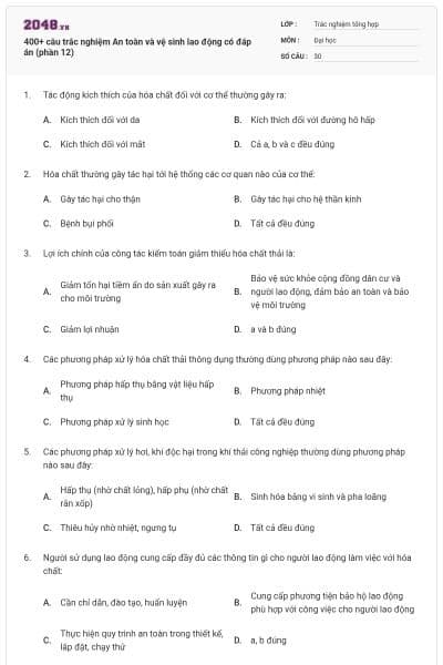 400+ câu trắc nghiệm An toàn và vệ sinh lao động có đáp án (phần 12)
