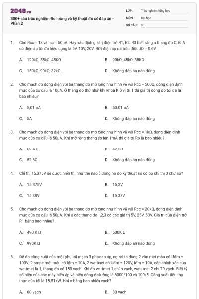 300+ câu trắc nghiệm Đo lường và kỹ thuật đo có đáp án - Phần 2