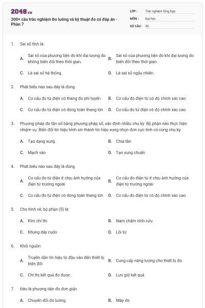 300+ câu trắc nghiệm Đo lường và kỹ thuật đo có đáp án - Phần 7