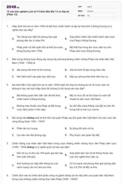 15 câu trắc nghiệm Lịch sử 9 Cánh diều Bài 13 có đáp án (Phần 13)