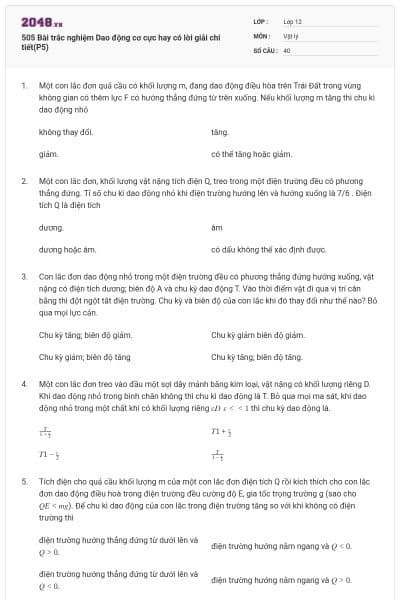 505 Bài trắc nghiệm Dao động cơ cực hay có lời giải chi tiết(P5)