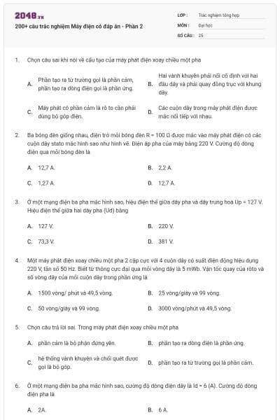 200+ câu trắc nghiệm Máy điện có đáp án - Phần 2