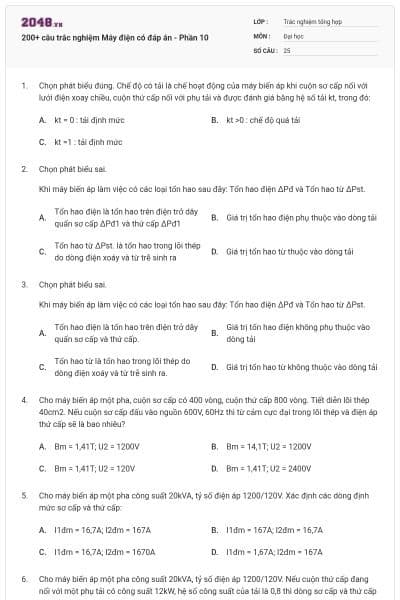 200+ câu trắc nghiệm Máy điện có đáp án - Phần 10