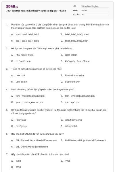 700+ câu trắc nghiệm Kỹ thuật Vi xử lý có đáp án - Phần 2