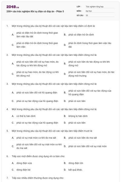 200+ câu trắc nghiệm Khí cụ điện có đáp án - Phần 5