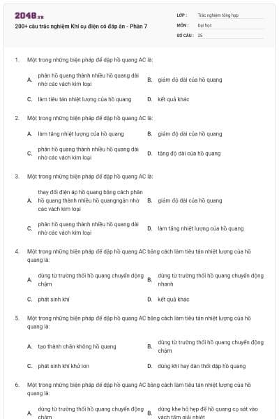 200+ câu trắc nghiệm Khí cụ điện có đáp án - Phần 7