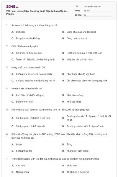 200+ câu trắc nghiệm Cơ sở kỹ thuật điện lạnh có đáp án - Phần 6