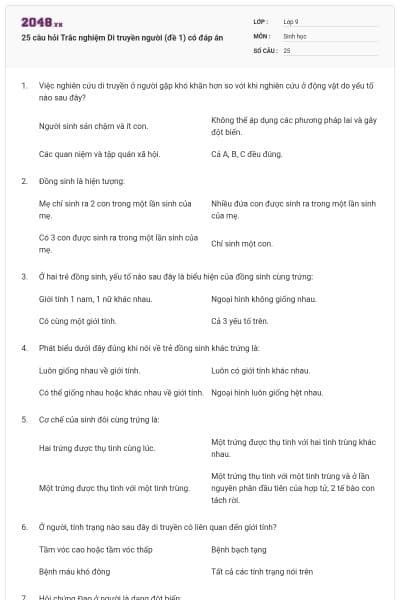 25 câu hỏi Trắc nghiệm Di truyền người (đề 1) có đáp án