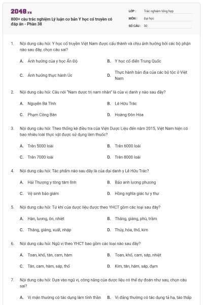 800+ câu trắc nghiệm Lý luận cơ bản Y học cổ truyền có đáp án - Phần 38