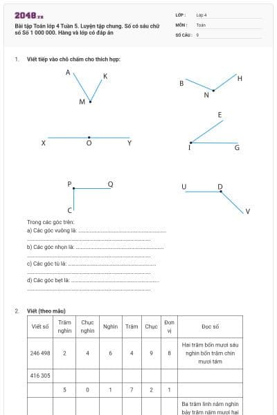 Bài tập Toán lớp 4 Tuần 5. Luyện tập chung. Số có sáu chữ số Số 1 000 000. Hàng và lớp có đáp án