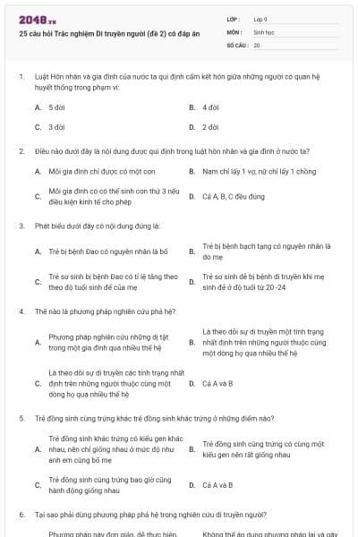 25 câu hỏi Trắc nghiệm Di truyền người (đề 2) có đáp án