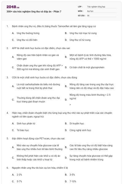 300+ câu trắc nghiệm Ung thư có đáp án - Phần 7