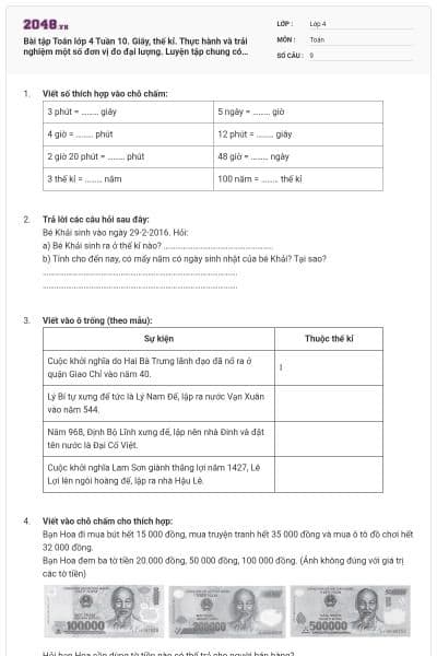 Bài tập Toán lớp 4 Tuần 10. Giây, thế kỉ. Thực hành và trải nghiệm một số đơn vị đo đại lượng. Luyện tập chung có đáp án