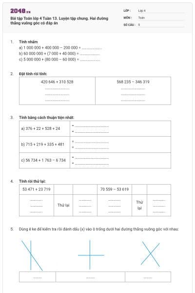 Bài tập Toán lớp 4 Tuần 13. Luyện tập chung. Hai đường thẳng vuông góc có đáp án