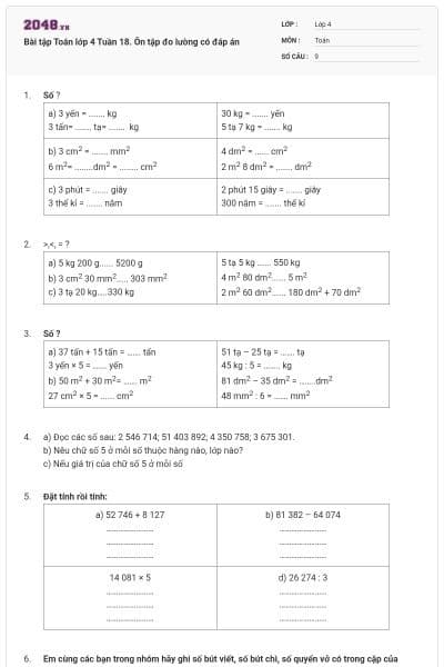 Bài tập Toán lớp 4 Tuần 18. Ôn tập đo lường có đáp án