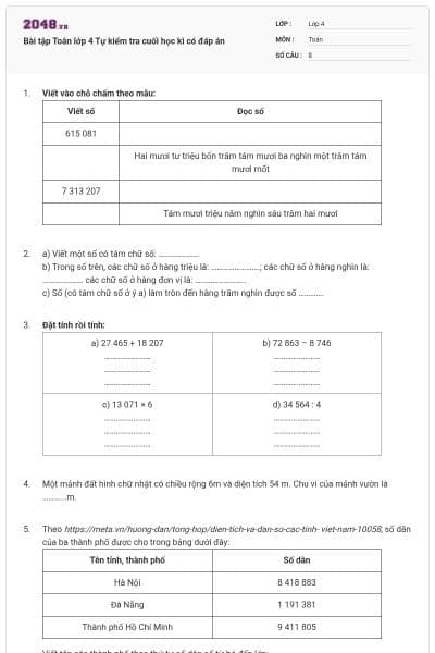 Bài tập Toán lớp 4 Tự kiểm tra cuối học kì có đáp án