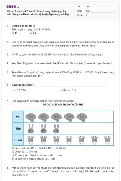 Bài tập Toán lớp 4 Tuần 23. Tìm số trung bình cộng. Bài toán liên quan đến rút về đơn vị. Luyện tập chung. có đáp án