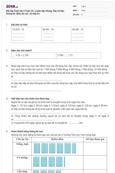 Bài tập Toán lớp 4 Tuần 24. Luyện tập chung, Dãy số liệu thống kê. Biểu đồ cột. có đáp án