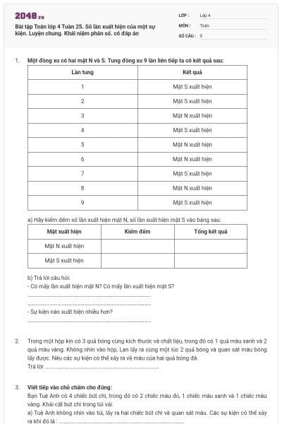 Bài tập Toán lớp 4 Tuần 25. Số lần xuất hiện của một sự kiện. Luyện chung. Khái niệm phân số. có đáp án