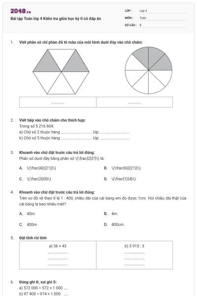 Bài tập Toán lớp 4 Kiểm tra giữa học kỳ II có đáp án