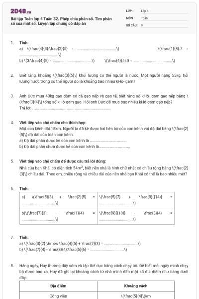 Bài tập Toán lớp 4 Tuần 32. Phép chia phân số. Tìm phân số của một số. Luyện tập chung có đáp án