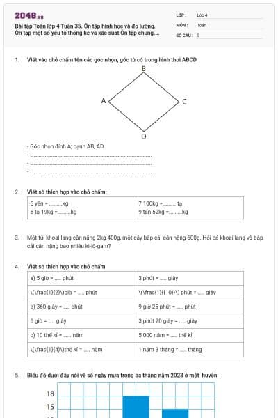 Bài tập Toán lớp 4 Tuần 35. Ôn tập hình học và đo lường. Ôn tập một số yếu tố thống kê và xác suất Ôn tập chung. có đáp án