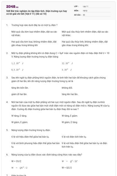 568 Bài trắc nghiệm ôn tập Điện tích. Điện trường cực hay có lời giải chi tiết (Vật lí 11) (Đề số 10)